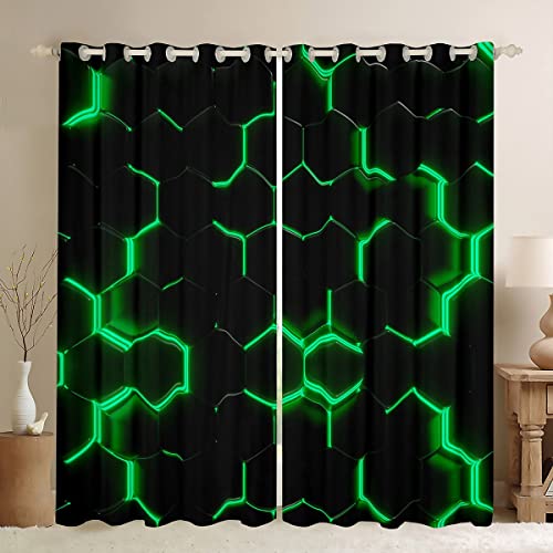 Honeycomb Window Curtains,Geometry Hexagon Theme with Green Neon Lights Curtains,Boys Teen Man Chic Home,Black 42W X 63L,2 Panels