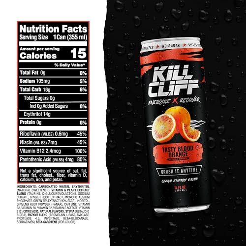 KILL CLIFF Energy & Recovery Drink | Electrolytes & B Vitamins | Natural, Clean Energy Drink | Zero Sugar | Keto | 12 Pack (Tasty Blood Orange)