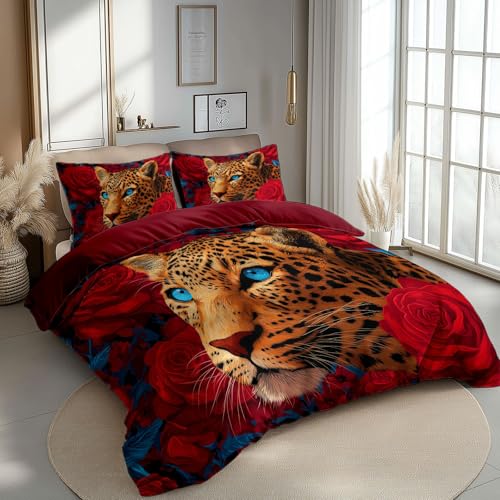 Generisch Surreale Leopardenrose Bettbezug Set, Erwachsene Bedrucktes Bettwäsche Set Dunkelrot 240 X 220 cm Für Jungen Mädchen Teenager, Weich Luxus Bettbezug Schlafzimmer Dekor 3 Teilig