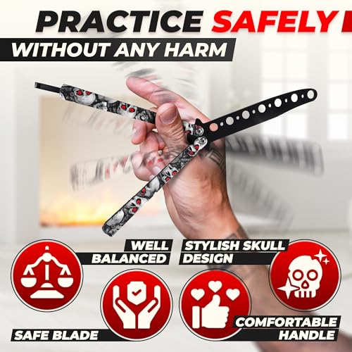 DIMROM Practice Butterfly Knife Trainer - Compact Balisong Knife with Skull Design, Blunt Stainless Steel Blade for Safe Training, Suits for Beginners and Enthusiasts Skill Building