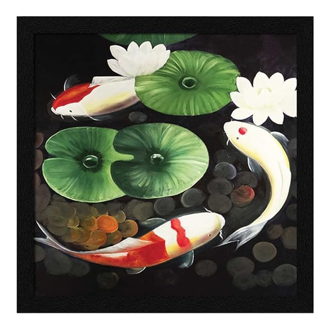 Lucky Vastu Fang Shui 3 Fishes Lake White Lotus Nature Water Painting Wall Art for Home Mandir Office Living Room Photo Frame Without Glass D005 (13 x 13 Inch)