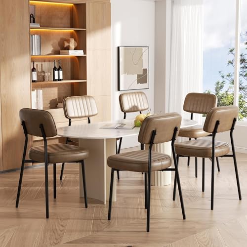 Image of Dining Chairs Set of 4, Modern Faux Leather Dining Chairs with Thick Cushions Seat Back and Metal Legs, Comfy Upholstered Kitchen Chairs for Dining Living Room (Brown)