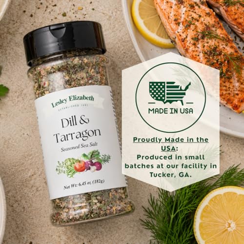 Image of Lesley Elizabeth Dill & Tarragon Seasoned Sea Salt - Gourmet Herb & All-Natural Sea Salt Blend for Fish, Poultry, Seafood & Vegetables | All-Purpose Cooking & Grill Seasoning