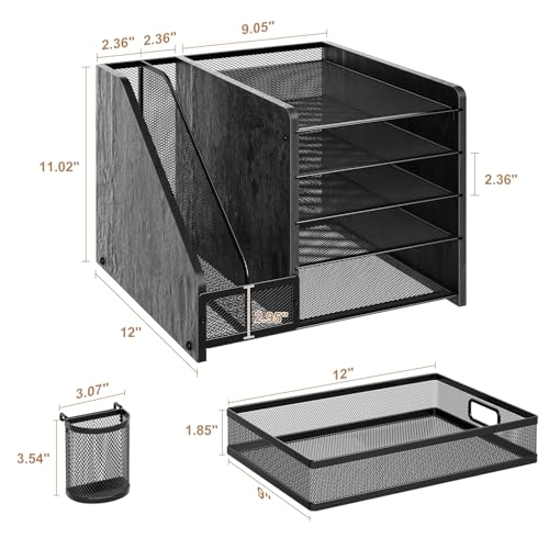 Image of Marbrasse Desk Organizer with File Holder, 5-Tier Paper Letter Tray Organizer with Drawer and 2 Pen Holder, Mesh Desktop Organizer and Storage with Magazine Holder for Office Supplies (Wood-Black)
