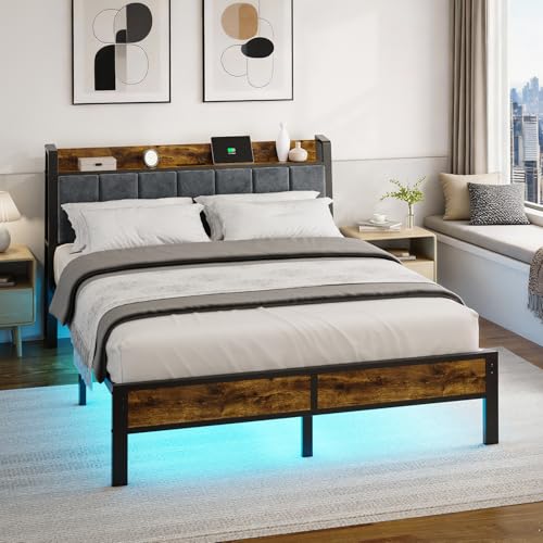 Image of Liians Queen Size Bed Frame with Wood Headboard, Metal Platform Bed with USB Charging Station and Smart LED Lights, No Box Spring Needed, Easy Assembly