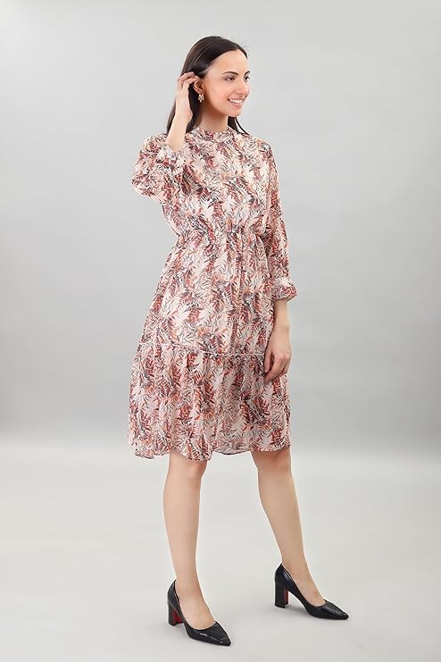 Image of A-Line Floral Printed Fit & Flared Western Brown Dress for Women | One Piece Midi Dress for Women Stylish Western Printed Dresses