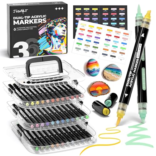 Image of JusArt 36 Colors Automatic Ink Control Acrylic Paint Markers, Dual Tip with Broad Tip and Brush Tip Pens for Ceramic, Wood, Canvas, Glass, Stone, Fabric, Rock Painting, DIY Crafts Art Supplies Kit
