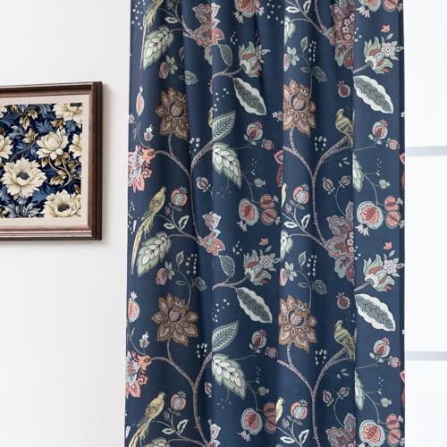 Navy Blue Vintage Floral Patterned Curtains for Living Room - William Morris...