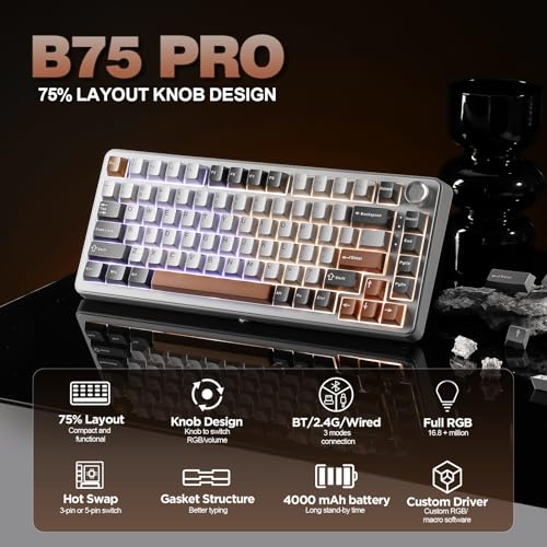 Image of YUNZII B75 PRO Wireless Mechanical Keyboard,75% Layout with Knob,Hot Swap Gasket Custom Structure,Creamy Pre-lubed Switches,RGB Backlit,Bluetooth /Type-C /2.4G for Win /Mac(Milk Switch,Grey)