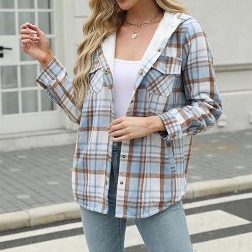 Womens Fuzzy Plaid Flannel Jacket 2024 Winter Fashion Fleece Button Down Sherpa Hooded Teddy Warm Jackets Coats4