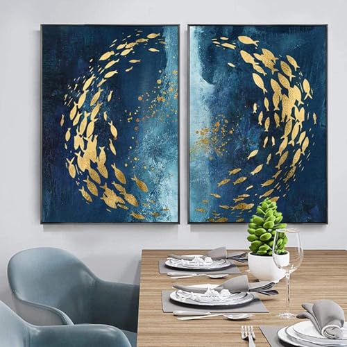 Tableau poissons feuille d'or pour illuminer un mur sombre salon lot de 2 cadres