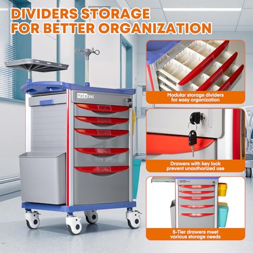 Image of 5-Tier Medical Cart with Wheels, Hospital Emergency Rolling Crash Carts with Adjustable IV Pole, Cardiac Board, O2 Holder, Power Strip, Trash Bin - Ideal Nursing Cart for Clinics, Hospitals