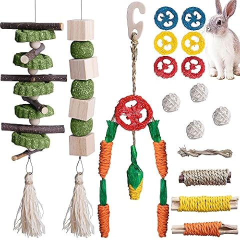 17 PCS Rabbit Toys Bunny Chew for Teeth, Hamster Dental Health 100% Natural Apple Wood Grass Ball String Pet Cage Entertainment Accessories Chinchilla, Guinea Pig, Hamster Degus, Squirrels Cover