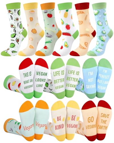Liitrsh 6 Pairs Funny Vegan Gifts Ideas for Women Vegetarian Socks Novelty Vegetable Fruit Pattern Crew Socks for Women Men Valentines Gift
