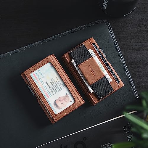 VULKIT Mens Minimalist Wallet for Max. 8 Cards with Pop-Up Credit Card Ejector RFID Blocking, ID Window and Elastic Strap for Bills or Keyring, Gift Box Packed, Brown4