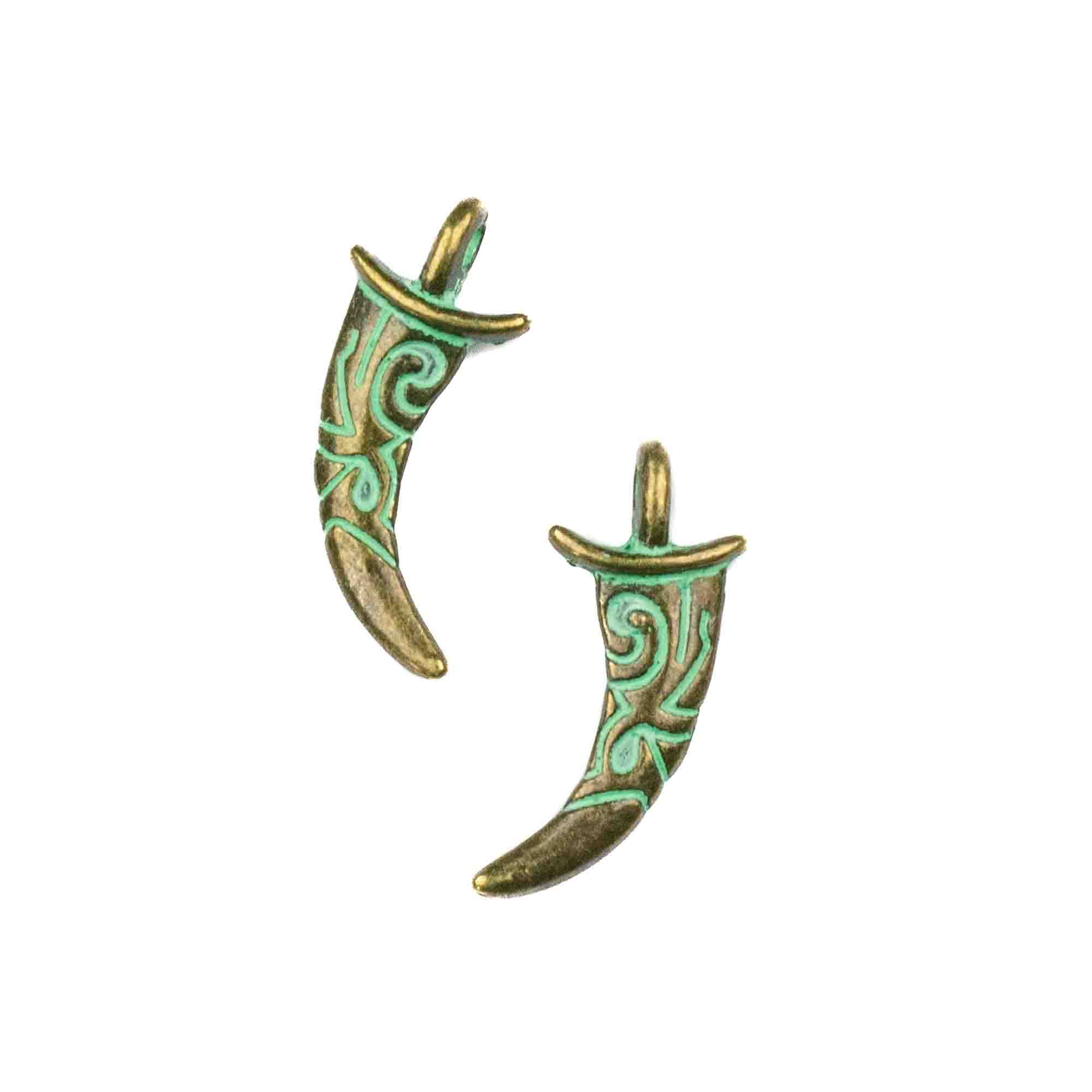 Cherry Blossom Beads Decorated Horn Pewter Charm/Pendant - 13x29mm Green Bronze Patina - 10 per bag