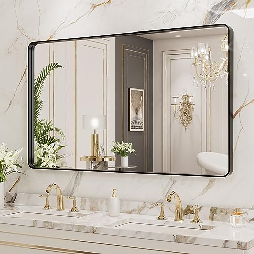LOAAO 40x24 Inch Black Metal Framed Bathroom Mirror for Wall, Matte Black Bathroom Vanity Mirror Farmhouse, Large Rounded Rectangle Mirror, Anti-Rust, Hangs Horizontally or Vertically