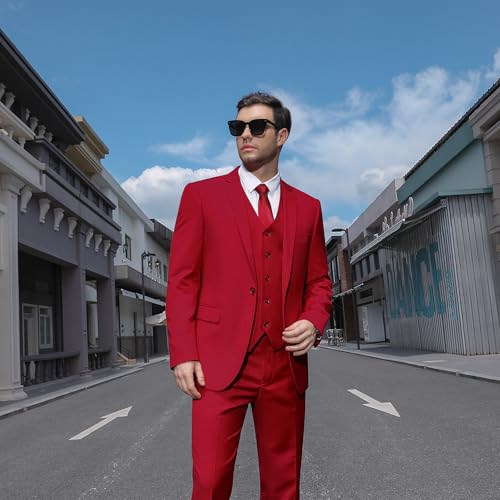 Image of Cooper & Nelson Men's Suit Slim Fit, 3 Piece Suits for Men, One Button Solid Jacket Vest Pants with Tie, Tuxedo Set