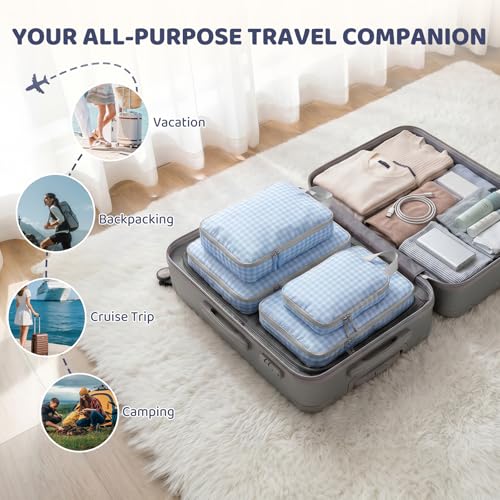 NBERMOTION 4/8 Set Compression Packing Cubes for Travel Essentials, Compressible Expandable Luggage Organizer Bags for Clothes, Durable Space Saver Storage Bags for Suitcase(4set-Blue Gingham) — view 4