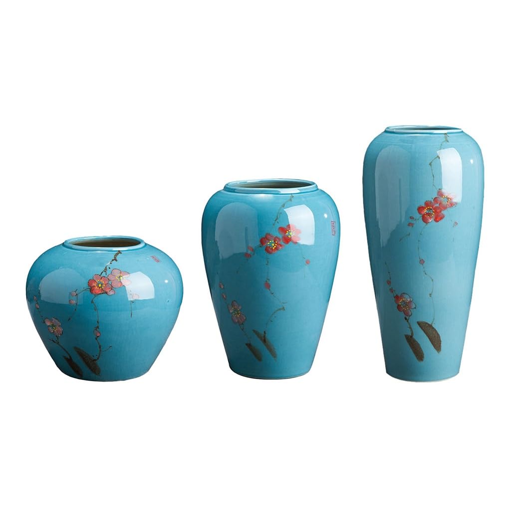 Florero Jarrón de cerámica Flor Ciruelo Azul Retro, Conjunto Tres Piezas, Mesa arreglo Flores pintadas, decoración Floral, Maceta, Porcelana China