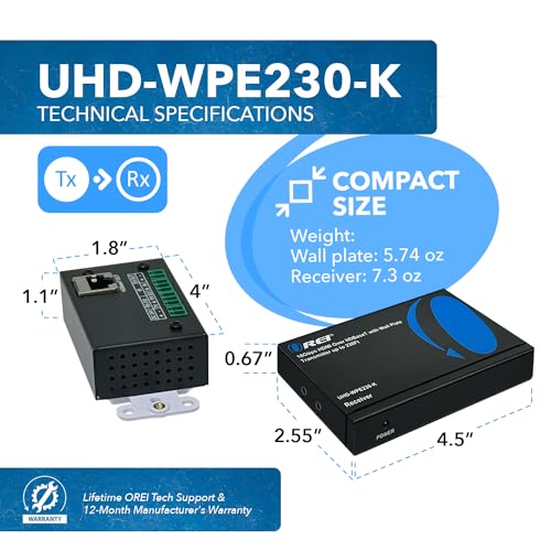 Image of OREI 4K Wall Plate HDBaseT HDMI Extender, Over Single Cat6 /Cat7 Cable Wall Plate Transmitter 4K @ 60Hz UltraHD with HDR & 2 Way IR Control - Up to 230 ft