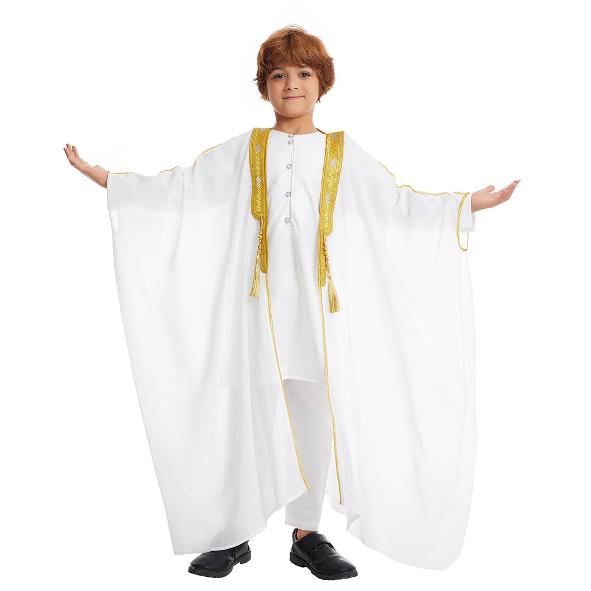 FYMNSI Open Front Kaftan for Boys Muslim Kids Abaya Islamic Prayer Clothes Embroidered Long Sleeve Cardigan Dress Chiffon Robe