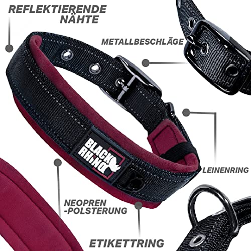 Black Rhino – Das Komforthalsband, superweiches, mit Neopren gepolstertes Hundehalsband für alle Hunderassen – robust, verstellbar, reflektierend, wetterfest (groß, weinrot/schwarz)
