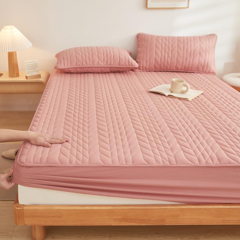 FCLDESHOP Plusieurs Tailles et Couleurs Disponibles,Draps-Housses épais matelassés en Pur Coton de Couleur Unie, adaptés aux Matelas de 12"/30 cm de Profondeur, Rose, 120 x 200 cm + 30 cm