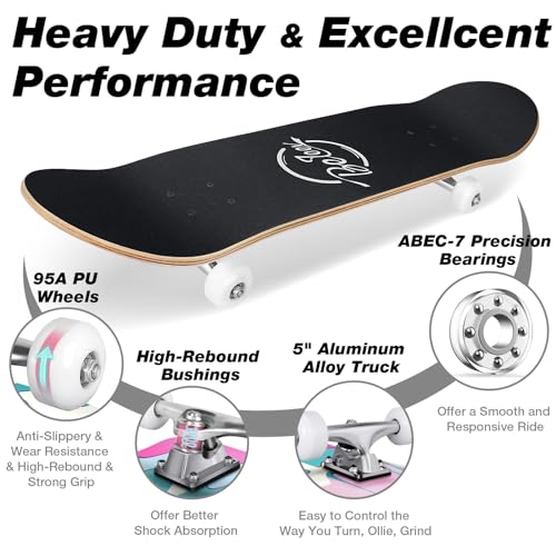 Image of BELEEV Skateboards for Beginners, 31 x 8 inch Complete Skateboard for Kids Teens Adults, 7 Layer Canadian Maple Double Kick Deck Concave Cruiser Trick Skateboard with Multifunction Skate T-Tool