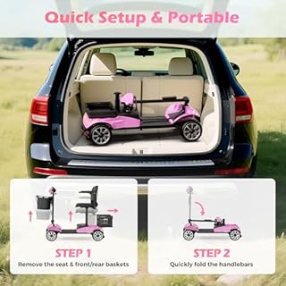 4-Wheel Mobility Scooter for Adults – Foldable Portable Motorized Scooters with 330lbs Capacity, Detachable Battery, Dual Baskets, Cup & Phone Holder, Pink