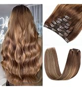 Clip in Hair Extensions Real Human Hair 140g 7pcs Ombre Chocolate Brown to Caramel Blonde Balayag...