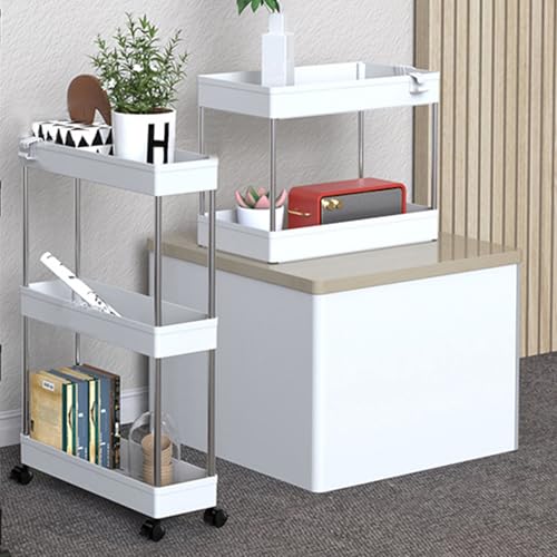 3 Tier Slim Storage Trolley Slide Out Rolling Utility Shelf Rack Storage Cart on Wheels Mobile Shelving Space Organizer with Hook for Small Narrow Spaces Kitchen/Bathroom/Laundry Room/Office,Plastic - Image 6