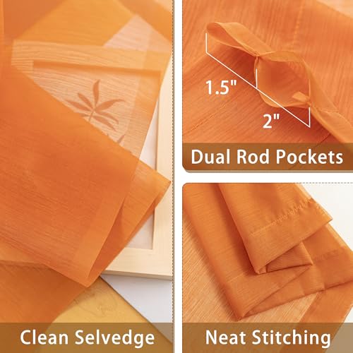 Image of Orange Sheer Curtains 108 Inches Extra Long, Privacy Semi Sheer Curtains for Living Room Bedroom, Light Filtering Rod Pocket Voile Window Drapes 2 Panels Set, Each 42 inch W x 108 inch L