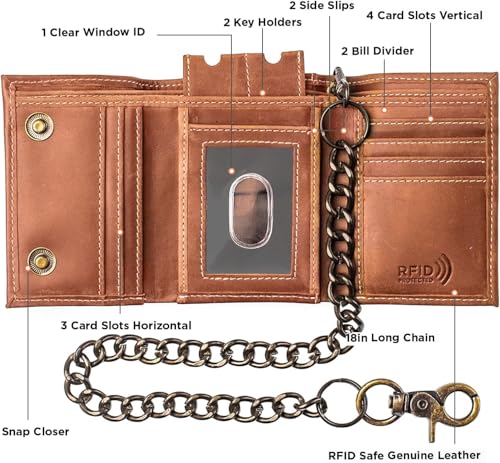 Chain Wallets for men Biker Chains Top-Grain Cow Leather Trifold Wallet With Chain RFID-Safe Snake Texture, Durable Wallet Leather Wallets Design In Usa (J111-WC, Vintage Brown)2