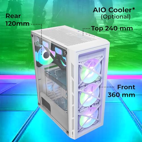 Image of Zebronics AERO Gaming Cabinet with 3 x 120mm Front ARGB LED Fans, Rear hinged Side Glass Panel & 4 x120mm ARGB LED Fans, Front and Side Tempered Glass (White)