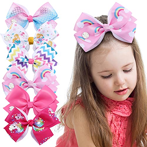 6Pcs 5" Large Hair Bows Clips for Girls, 5 Inches Handmade Hair Bows Alligator Clips for Girls Unicorn Mermaid Grosgrain Ribbon Hair Barrettes Accessories for Toddler Kids Girls