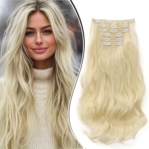 Dcbaboo Extensiones de Clip de Pelo Rizado 6PCS 55cm Extensiones Pelo Sintetico Clip Postizos de Pelo Ondulado Extensiones de Cabello Largo con Clip para Mujeres 140g, Rubio Platino