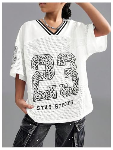 Image of Floerns Girl's Jersey Shirt Printed Oversized Short Sleeve Mesh Tee Shirts V Neck Sport Jersey Shirts