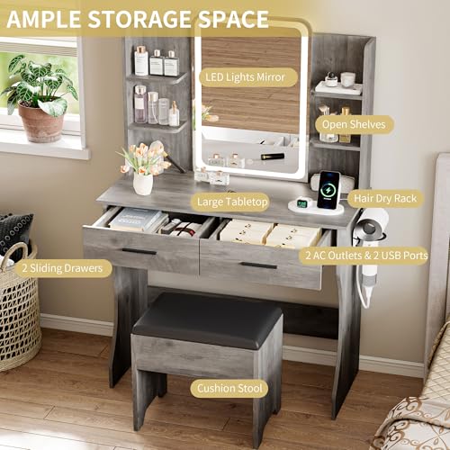 Image of Vanity Desk with LED Lights Mirror & Power Outlet, Small Makeup Vanity Table Set with Storage Drawers & Chair, 3 Lighting Modes & Adjustable Brightness, Dressing Table for Women Girls Bedroom, Grey