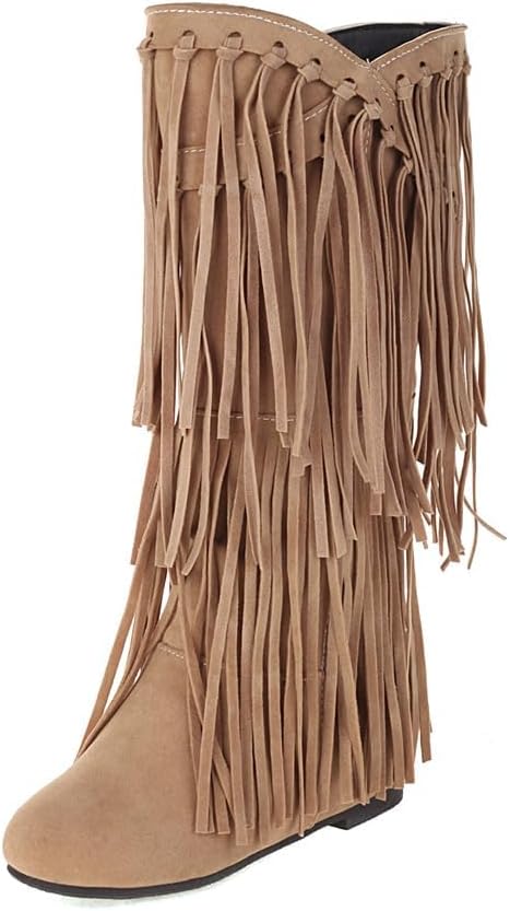 Womens Fringe Western Boots Fashion Hidden Heel Knee High Boot Winter Round Toe Tassel Moccasin Booties