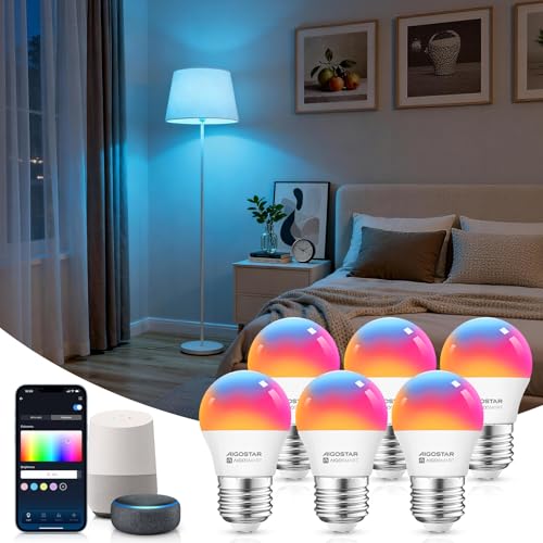 Aigostar Alexa Lampe, Smarte Glühbirne G45 E27 6.5W, Smart Glühbirne RGBCW Kompatibel mit Alexa/Google Home, Kein Hub Erforderlich. Fernbedienung, Sprachsteuerung, 6 Stücke