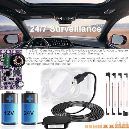 Image of Gebildet Dash Cam Hardwire Kit, Car Dash Camera Mini Charger Hard Wire Kit for Dashcam DC 12-24V to 5V /2.5A Low Voltage Protection 24h Parking Surveillance with Fuse Tap