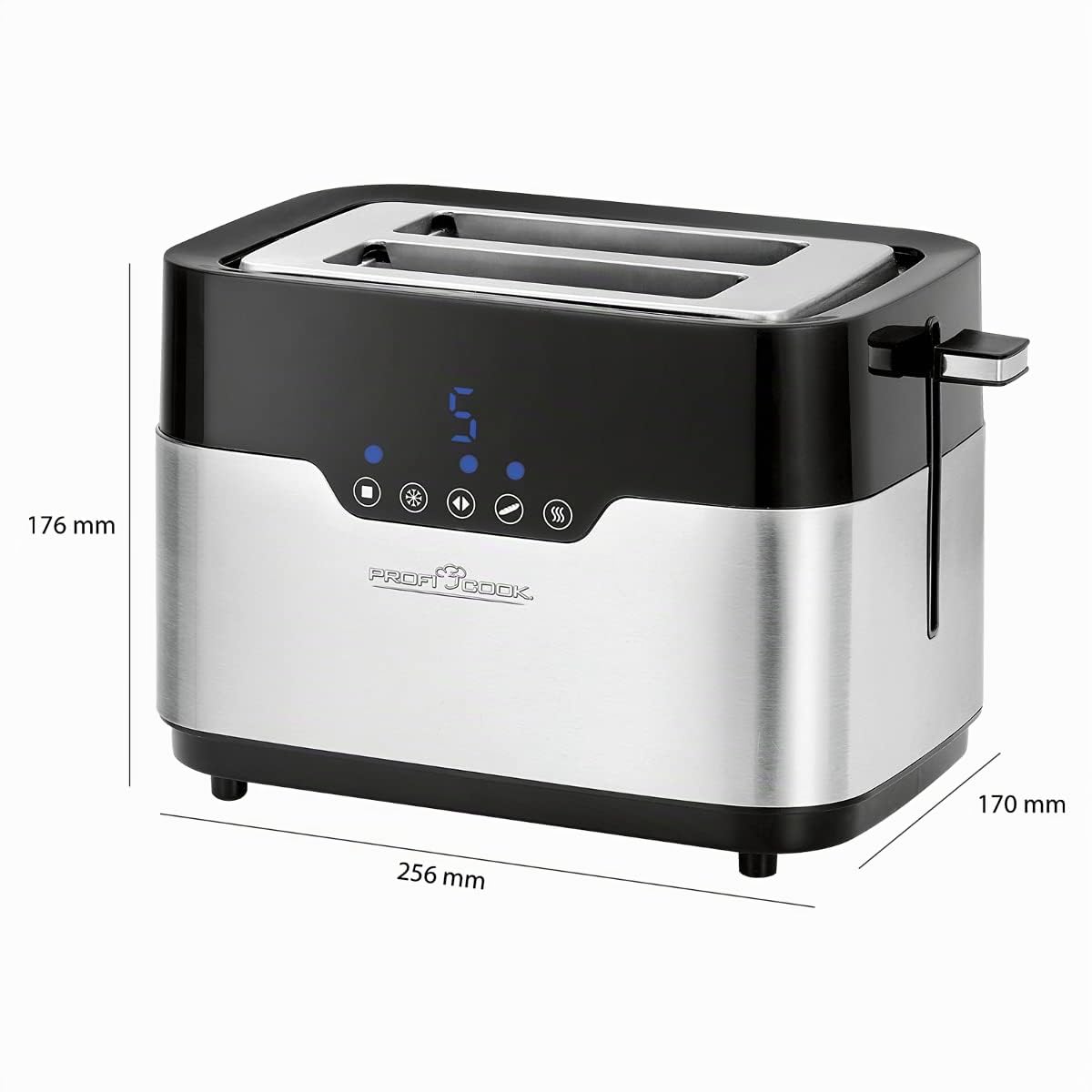 ProfiCook PC-TA 1170 Tostapane a 2 dischi, Sensor Touch, portapane, cassetto delle briciole, funzione di centraggio, spazio salvaspazio, 7 livelli di abbronzatura, acciaio inox nero