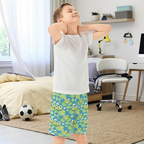 Boys Athletic Shorts with Pockets Frog Lotus Leaf Running Basketball Shorts for Youth Elastic Waist Size 7-83