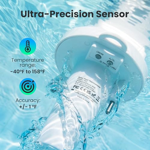 Image of Pool Thermometer Floating, Digital Swimming Pool Thermometer, IPX8 Waterproof with Double Sided Display for Pond, Hot Tub, Aquarium (Solar Powered, White)