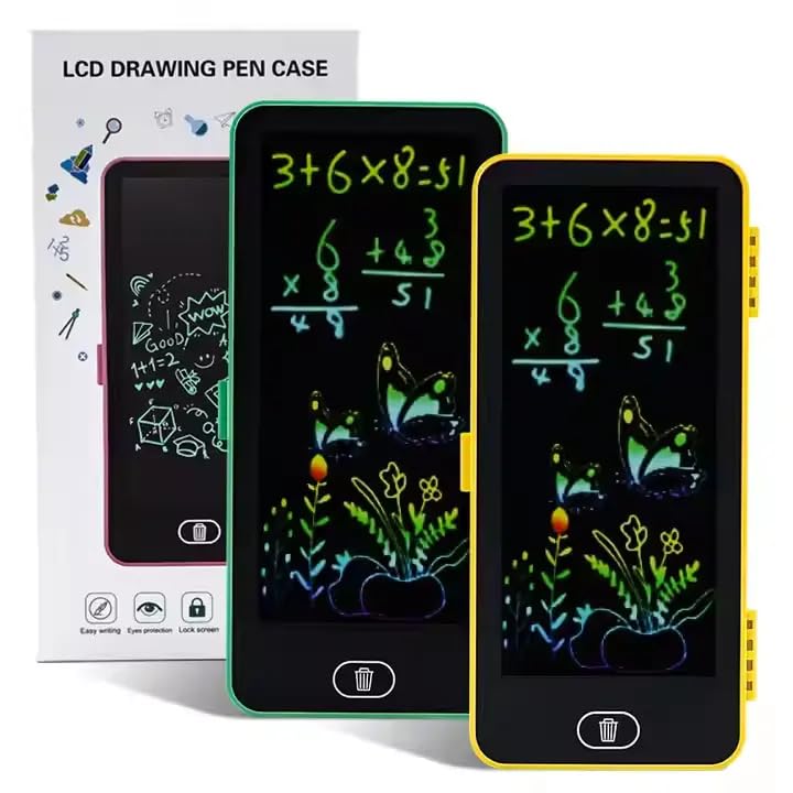 VIVITO 2-in-1 LCD Writing Pencil Case for Kids | Digital Drawing Slate + Pencil Box with Stylus & Erase Button | Reusable, Eco-Friendly, Portable Geometry Box for School | Multicolor | (Pack of 6)