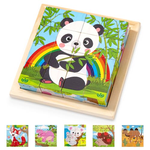 Rompecabezas de Cubo de Madera, Juegos de Puzzles de Cubo 3D 6 en 1, Bloques de Rompecabezas de Animales Juguete Educativo Montessori para Bebés Niños de 1 2 3 4 Años