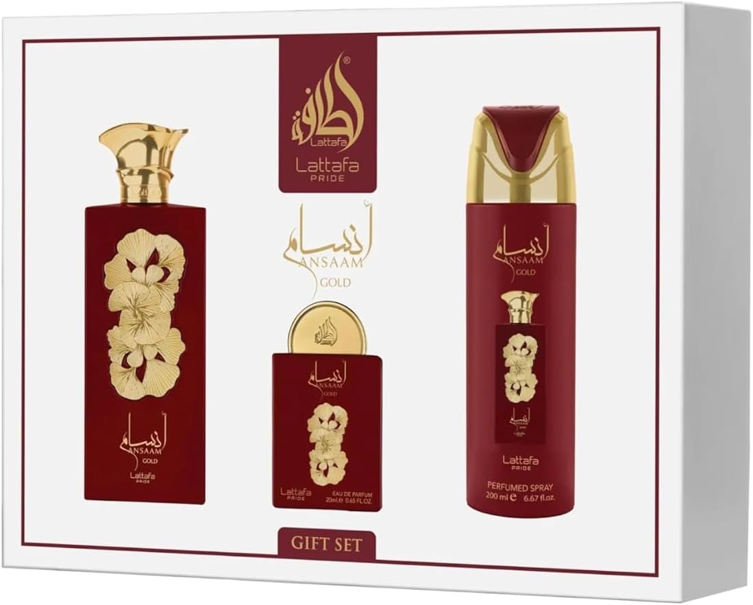 Lattafa Pride - Ansaam Gold para hombres - Juego de regalo de 3 piezas 3,4 oz de spray EDP, 6,67oz de spray corporal perfumado, 0,67oz de spray EDP