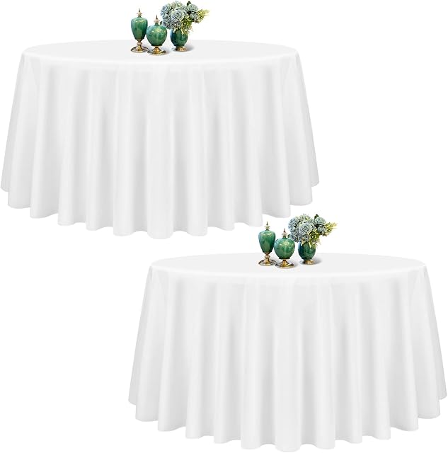 Showgeous 2 Pack White Round Tablecloth 90 Inch Polyester Fabric Table Cloth Washable Fabric Table Cover for Wedding Banquet Restaurant Buffet Parties and Camping