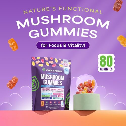 Ashwagandha Gummies and Lions Mane Mushroom Gummies Supplement - Organic - Reishi, Cordyceps, Turkey Tail, Maitake, Shitake, Chaga - Immune Defense, Boosts Cognitive Performance, Vegan, Low Carb